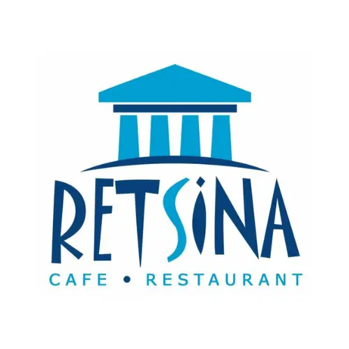Logo für das Retsina Cafe Restaurant mit einem blauen griechischen Tempel über dem stilisierten Text "RETSINA", darunter in hellblauer Schrift "CAFE - RESTAURANT".