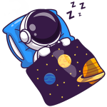 Ein Cartoon-Astronaut schläft auf einem blauen Kissen, zugedeckt mit einer Decke, die mit Planeten und Sternen verziert ist. Friedlich träumend stellen sie sich vor, wie schön es wäre, Geburtstag in Wien zu feiern - selbst im Weltraum ist die Feierstimmung lebendig!.