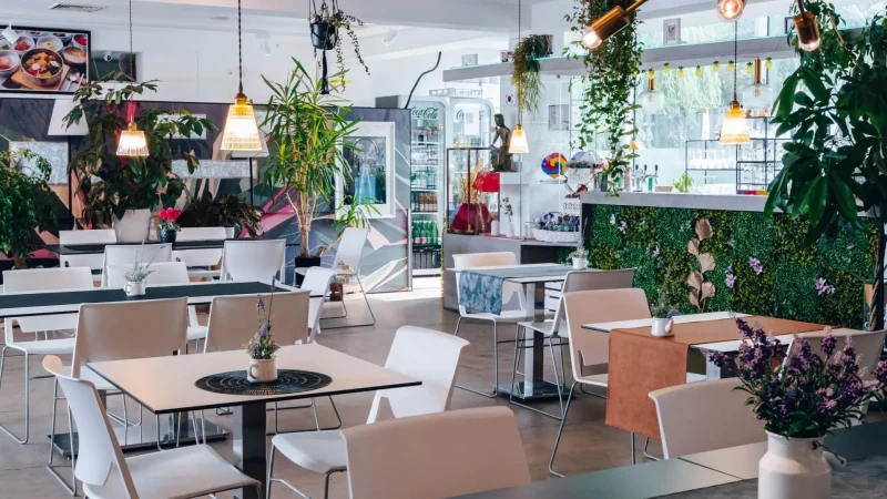 Ein modernes Café mit weißen Stühlen und Tischen, Grünpflanzen, Hängelampen und großen Fenstern, die natürliches Licht hereinlassen. Der Raum wirkt hell, sauber und einladend, mit einem Thekenbereich im Hintergrund.