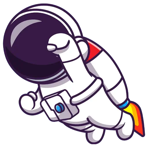 Cartoon-Astronaut mit großem schwarzem Visier und weißem Anzug, der mit einem kleinen Jetpack durch den Weltraum fliegt, den rechten Arm erhoben und die Beine angewinkelt, mit Flammen, die aus dem Jetpack kommen und bereit sind, herauszufinden, wie man auf einem anderen Planeten schnell loswerden kann.