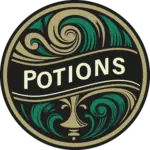 Ein rundes Emblem mit wirbelnden goldenen und grünen Mustern, mit dem Wort POTIONS in fetten Buchstaben in der Mitte über einem stilisierten Kelch oder einer Schale.