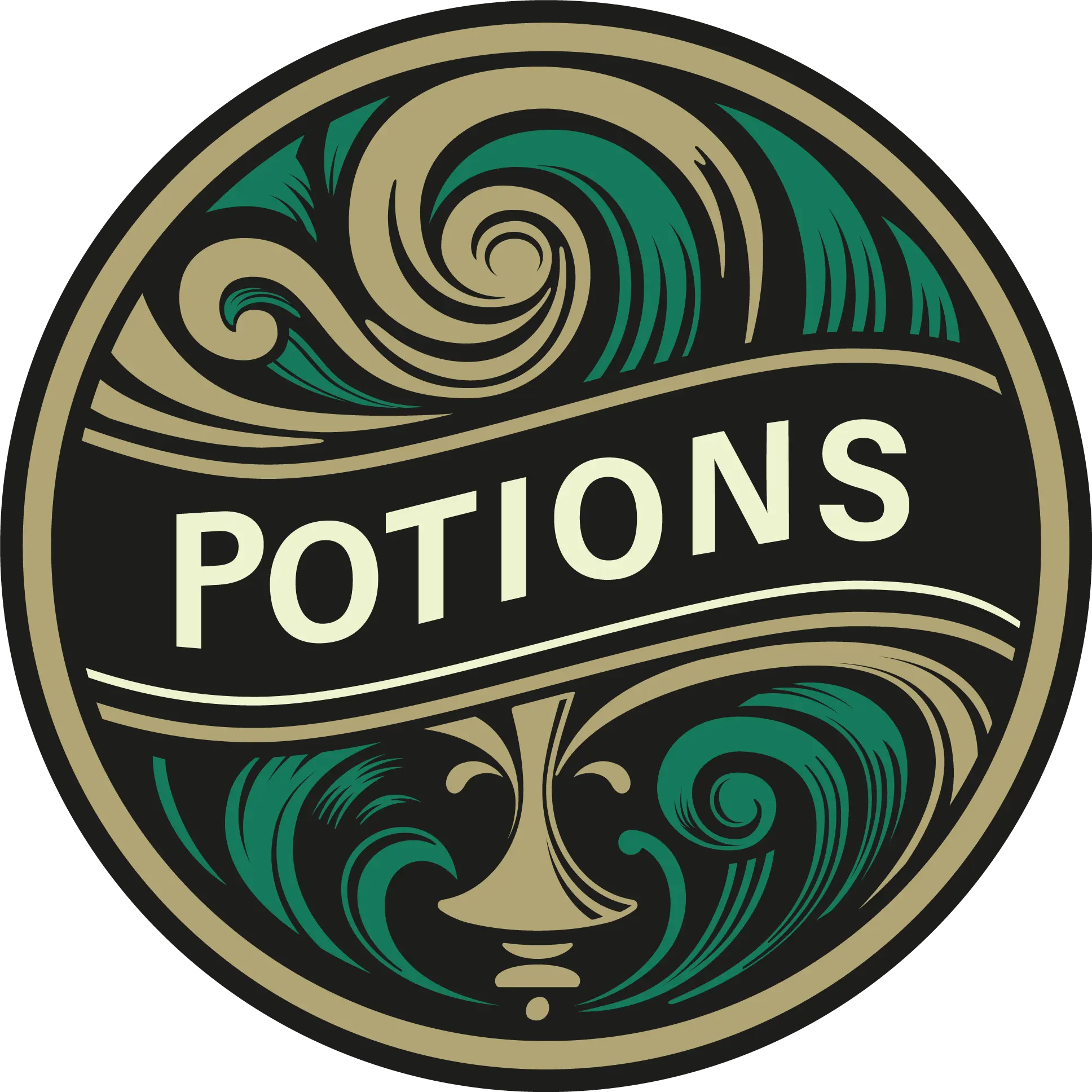 Ein rundes Emblem mit wirbelnden goldenen und grünen Mustern, mit dem Wort POTIONS in fetten Buchstaben in der Mitte über einem stilisierten Kelch oder einer Schale.
